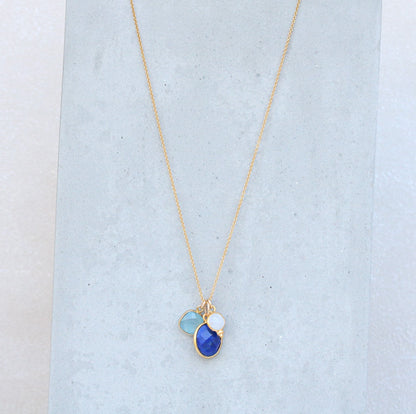 Gold Charm Necklace: Moonstone, Lapis Lazuli & Aqua Chalcedony