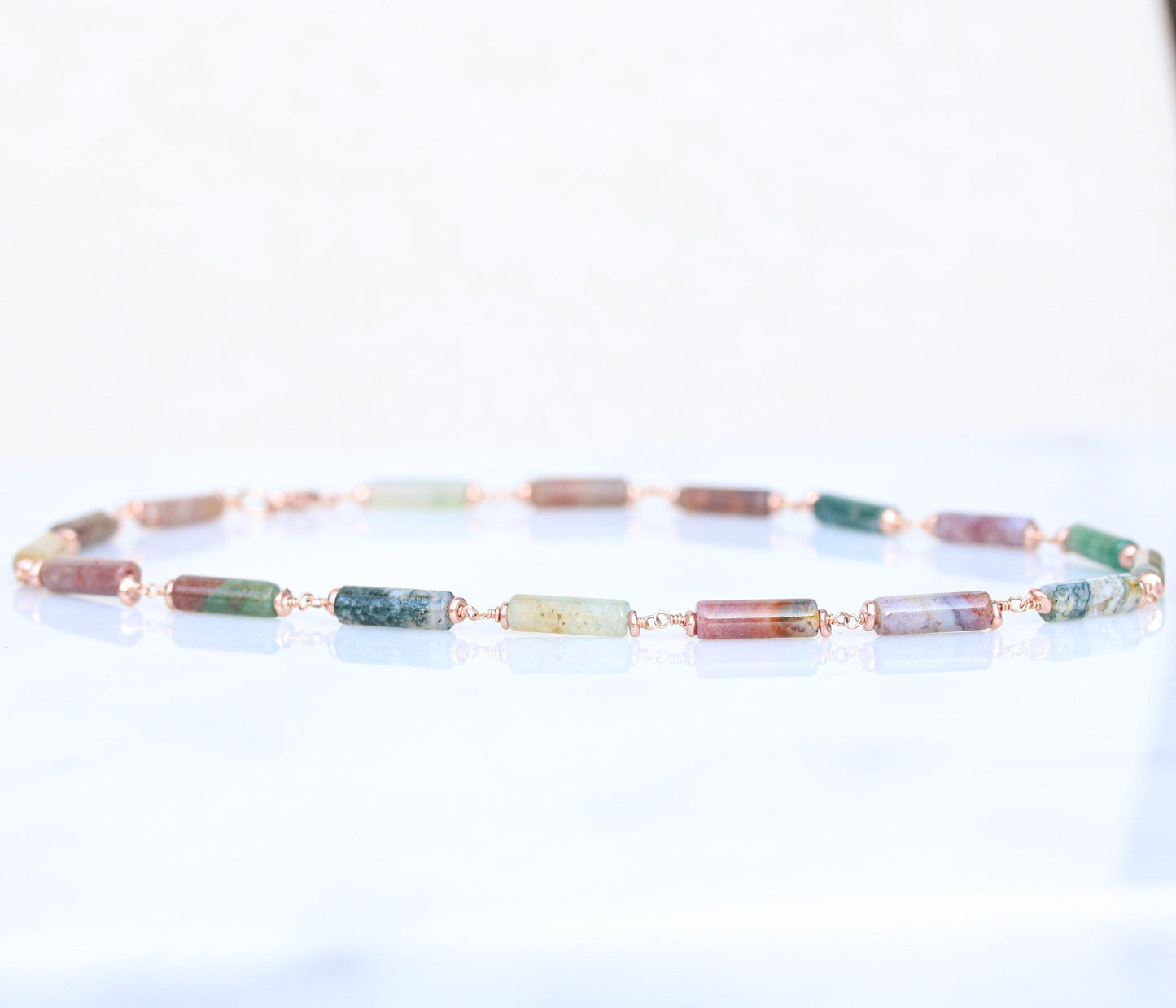 Pastel Indian Agate Rose Gold Choker Necklace, Handmade