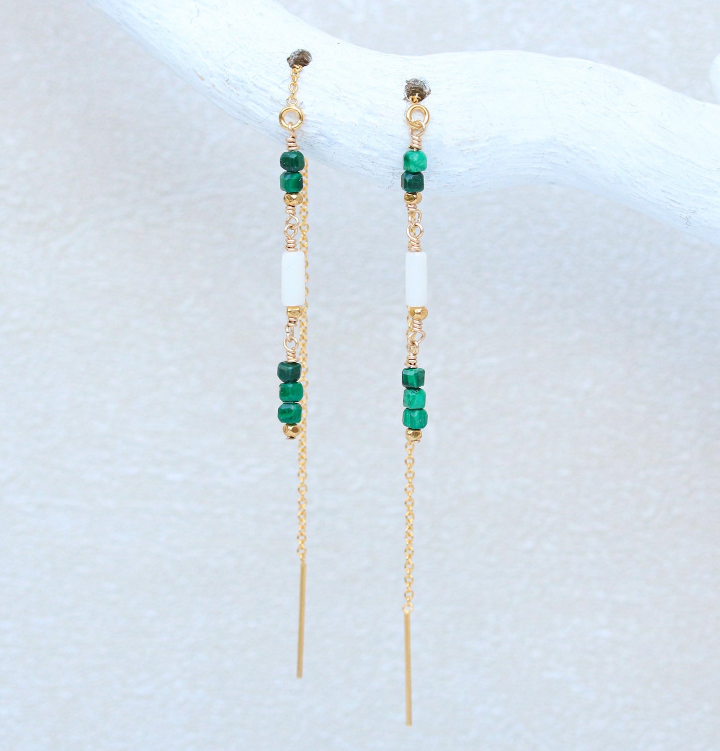 Handmade Malachite & Sea Bamboo Threader Earrings: Gold Fill or Sterling Silver