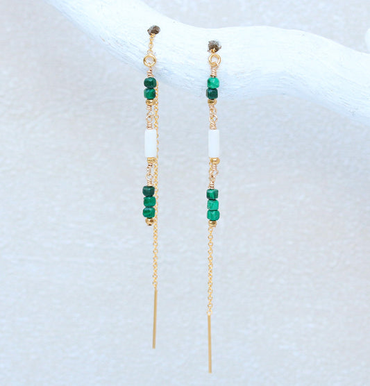 Handmade Malachite & Sea Bamboo Threader Earrings: Gold Fill or Sterling Silver
