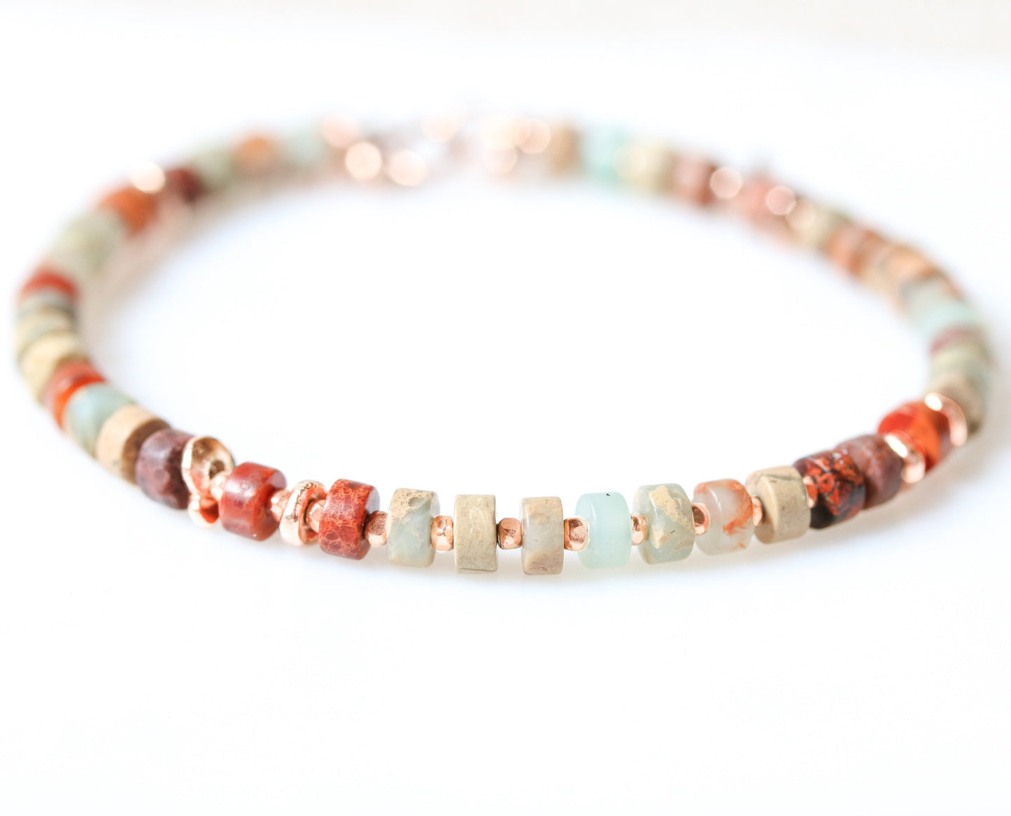 Handmade Aqua Terra Jasper Bracelet: Rose Gold Heishi Bead Jewelry