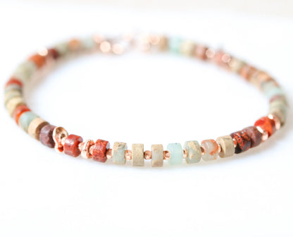 Handmade Aqua Terra Jasper Bracelet: Rose Gold Heishi Bead Jewelry