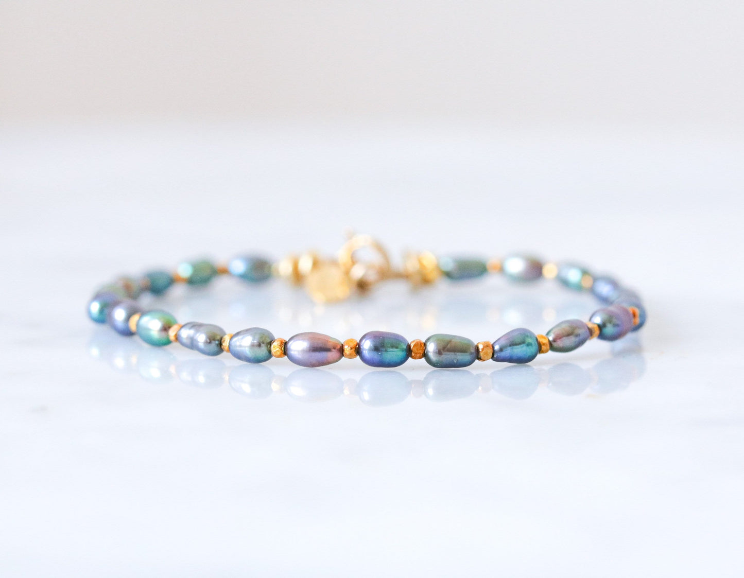 Handmade Blue Peacock Pearl Bracelet: Gold Vermeil Clasp, June Birthstone