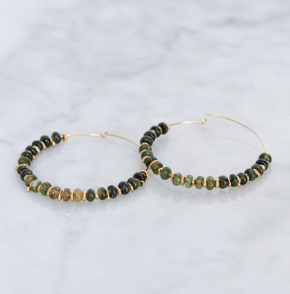 Handmade Green Tourmaline Hoop Earrings: 14k Gold Fill Gemstone Hoops