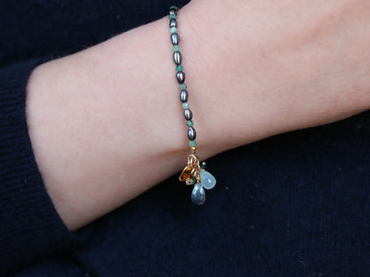 Emerald & Peacock Pearl Bracelet: Gold Karen Hill Tribe Nugget, Labradorite Charm