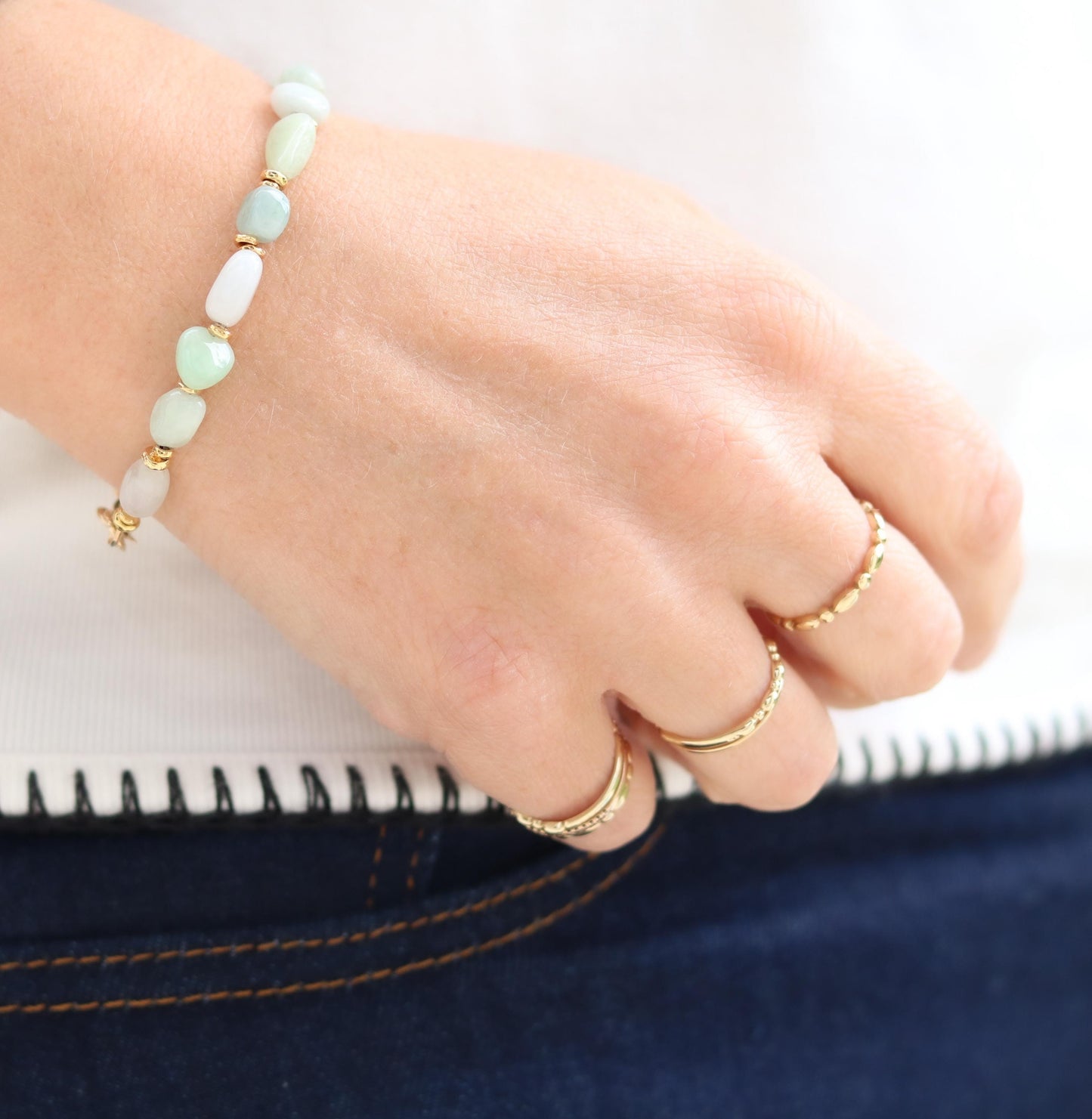 Handmade Jade Beaded Bracelet: Mint Green & White Gemstone with Gold Vermeil