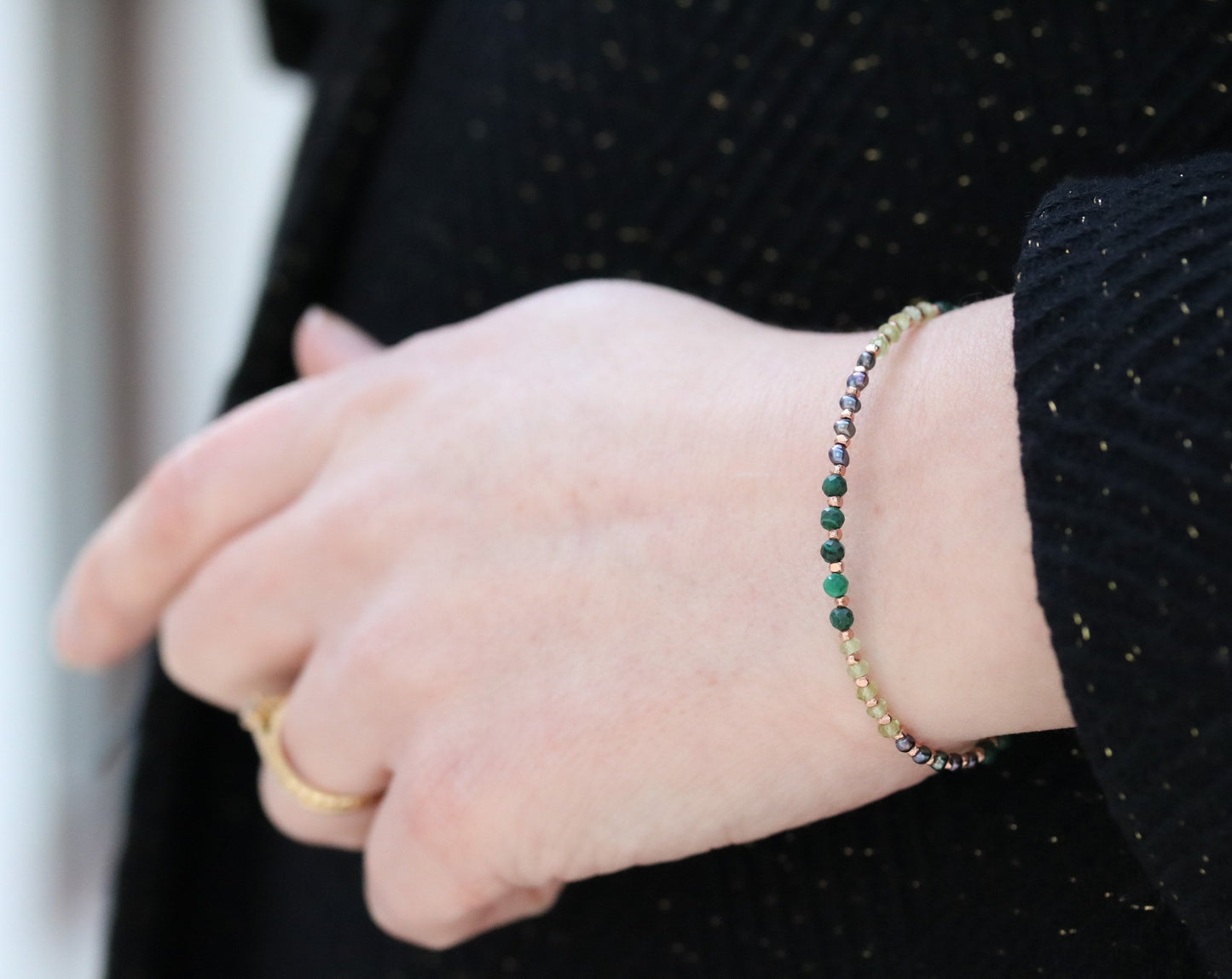 Handmade Pearl & Gemstone Bracelet: Peridot, Malachite, Rose Gold