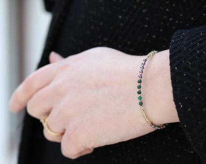Handmade Pearl & Gemstone Bracelet: Peridot, Malachite, Rose Gold