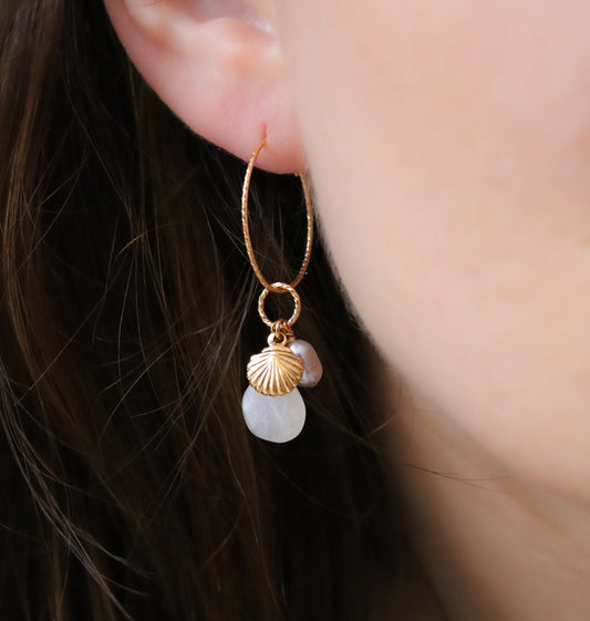 Moonstone Pearl Gold Hoops: Textured Shell Charm Earrings