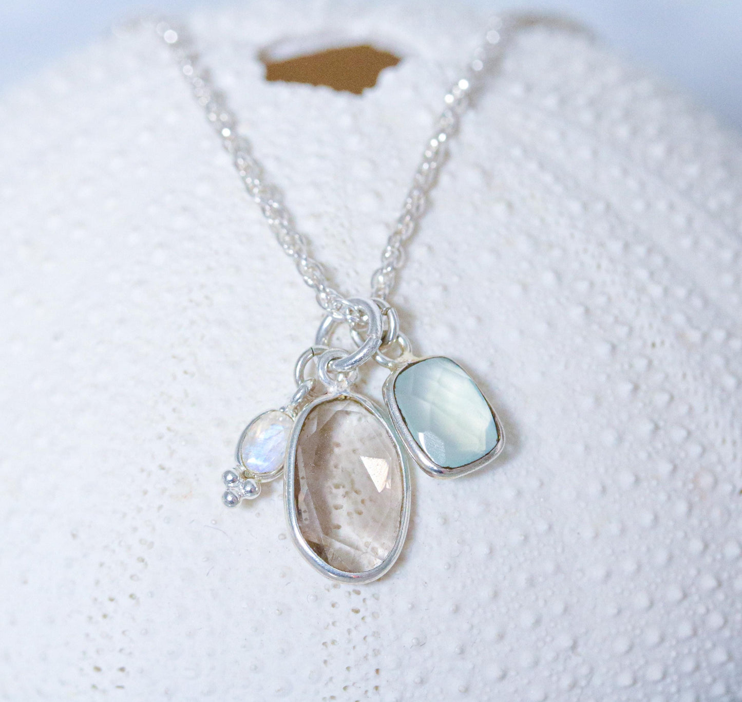 Moonstone, Quartz & Chalcedony Solid Silver Charm Necklace