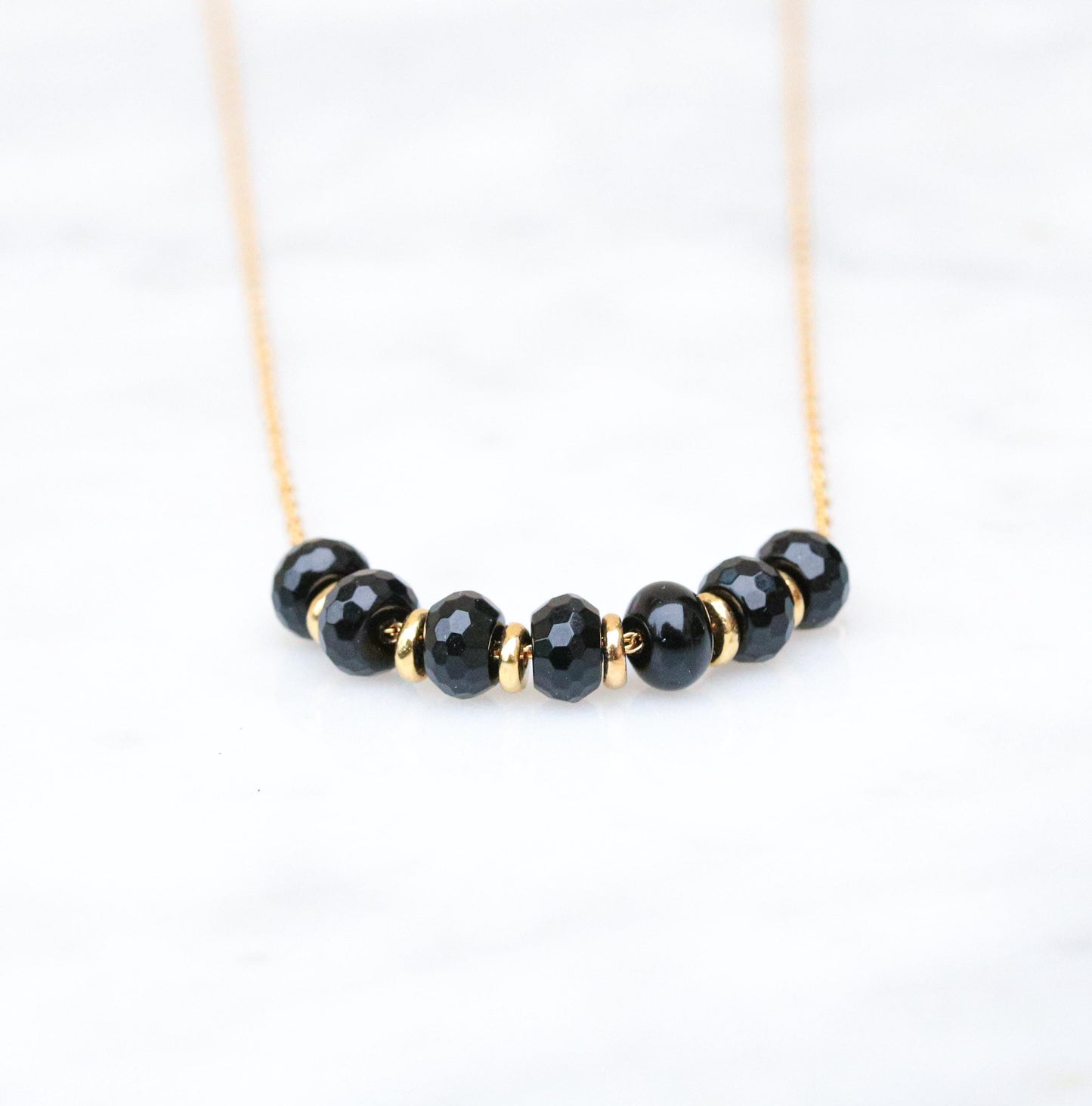 Natural Faceted Black Onyx Rondelle 14ct Gold Fill Necklace with Extender Chain for Perfect Fit Unique Valentine’s Day Gift Idea for Women