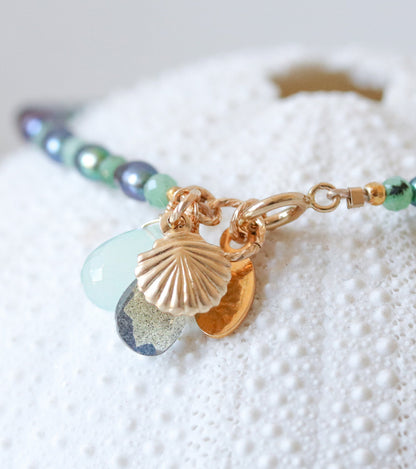 Emerald & Peacock Pearl Bracelet: Gold Karen Hill Tribe Nugget, Labradorite Charm
