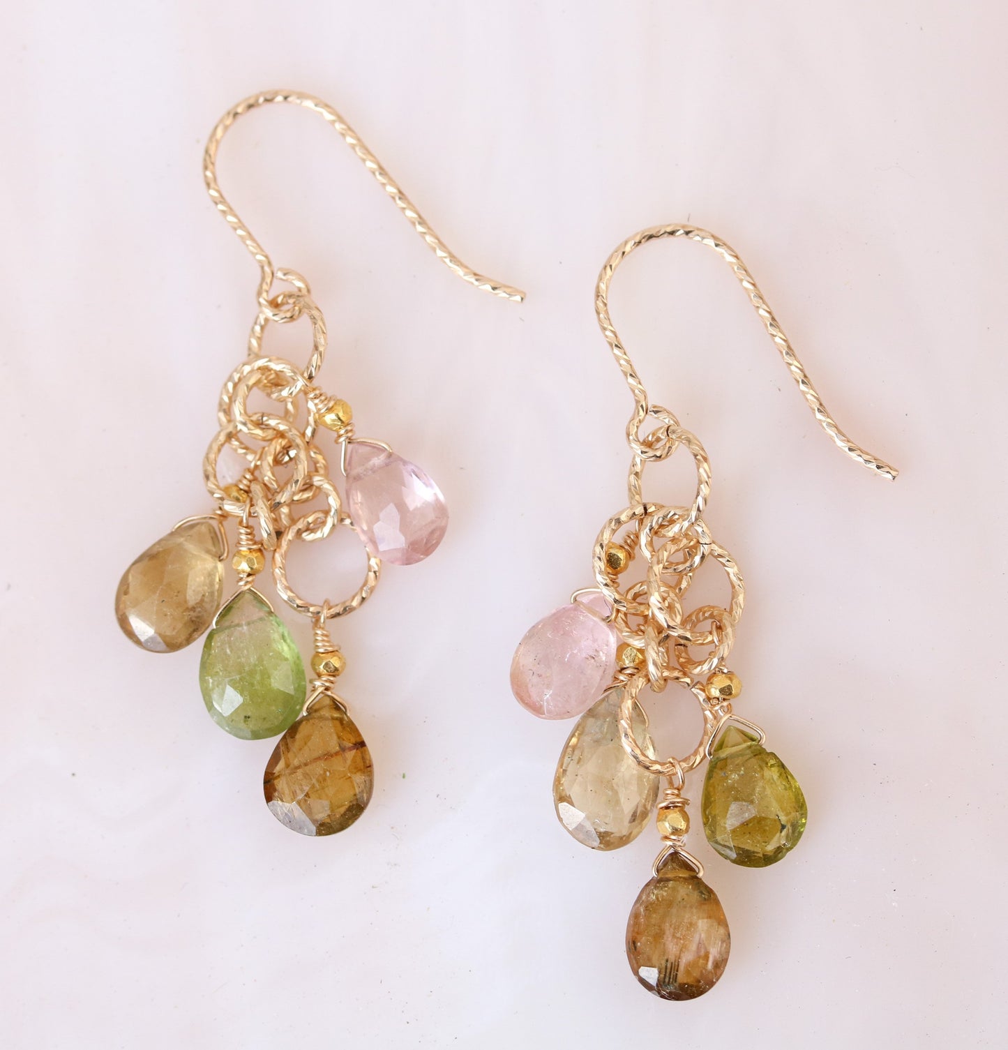 Hammered Gold Filled Tourmaline Earrings: Multicolored Gemstone Dangle Earrings