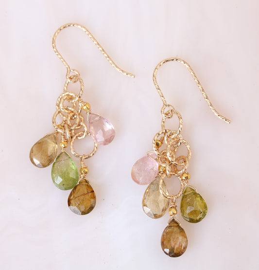 Hammered Gold Filled Tourmaline Earrings: Multicolored Gemstone Dangle Earrings