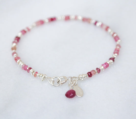 Pink Tourmaline Sterling Silver Nugget Bead Bracelet - Handmade in Paris