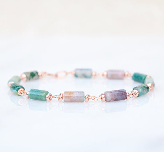 Pastel Indian Agate Bracelet: Rose Gold Chain, Dainty Gemstone Jewelry
