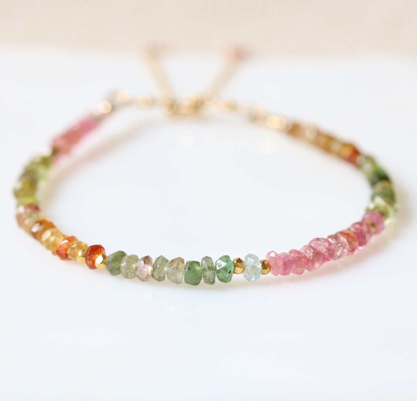 Faceted Tourmaline Bracelet: Gold Karen Hill Tribe Beads, Adjustable Chain