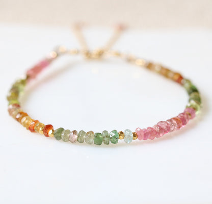 Faceted Tourmaline Bracelet: Gold Karen Hill Tribe Beads, Adjustable Chain