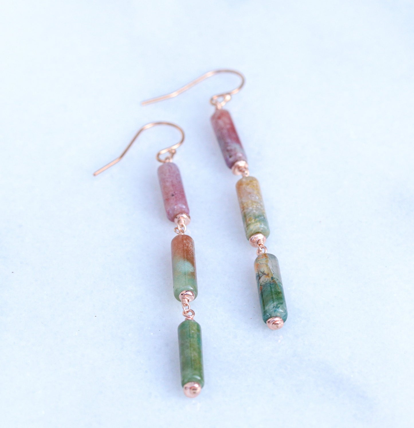 Handmade Indian Agate Rose Gold Fill Dangle Earrings: Watermelon Shades