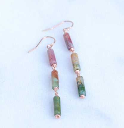 Handmade Indian Agate Rose Gold Fill Dangle Earrings: Watermelon Shades
