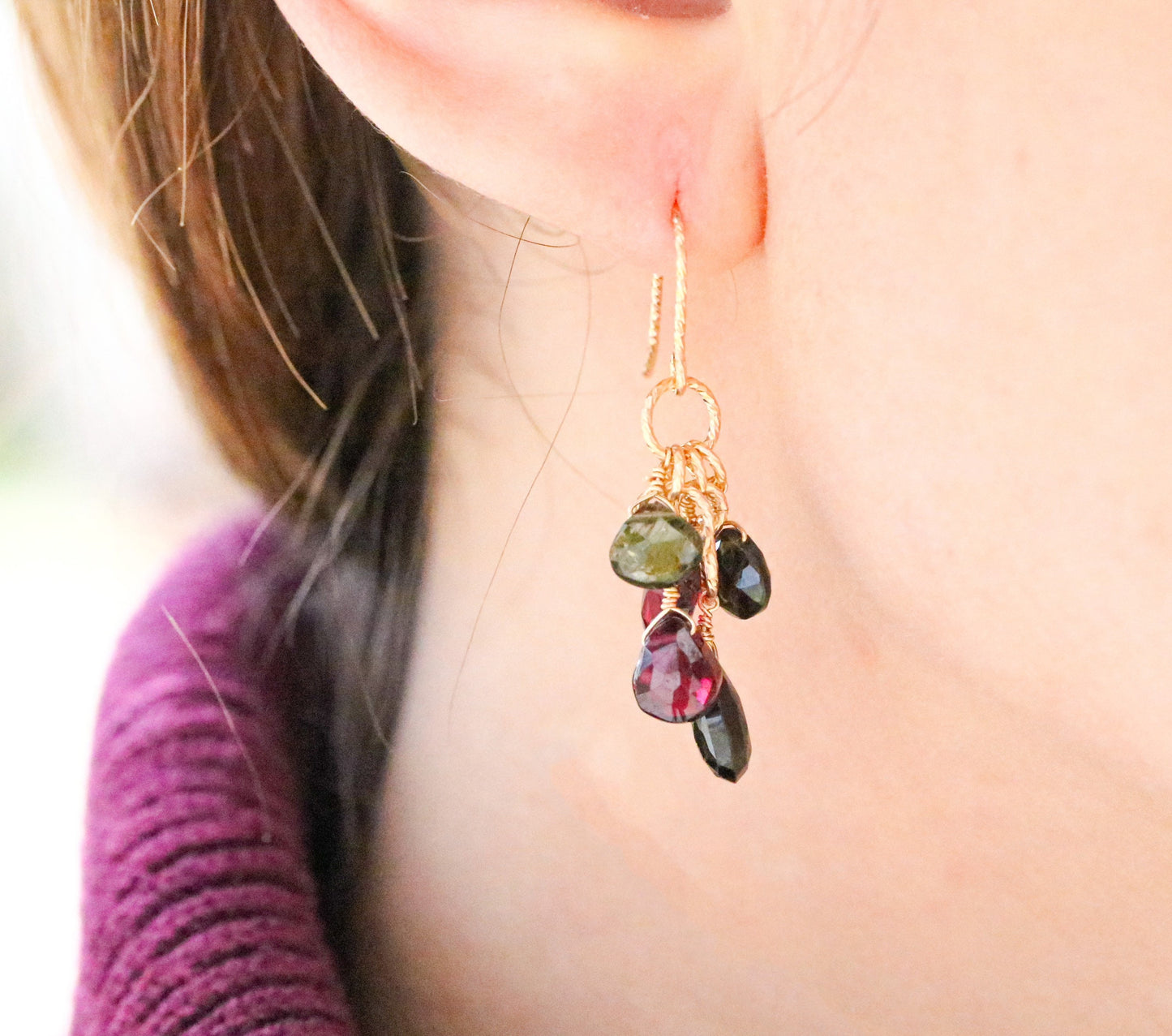 Faceted Tourmaline Garnet Teardrop Earrings: 14k Gold Filled Dangle Gemstones
