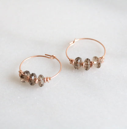 Smoky Quartz Rose Gold Filled Hoops: Scorpio Birthstone Earrings