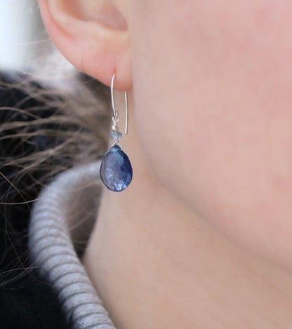 Handmade Faceted Iolite Sterling Silver Drop Earrings - Paris Design, Gift Idea for Her