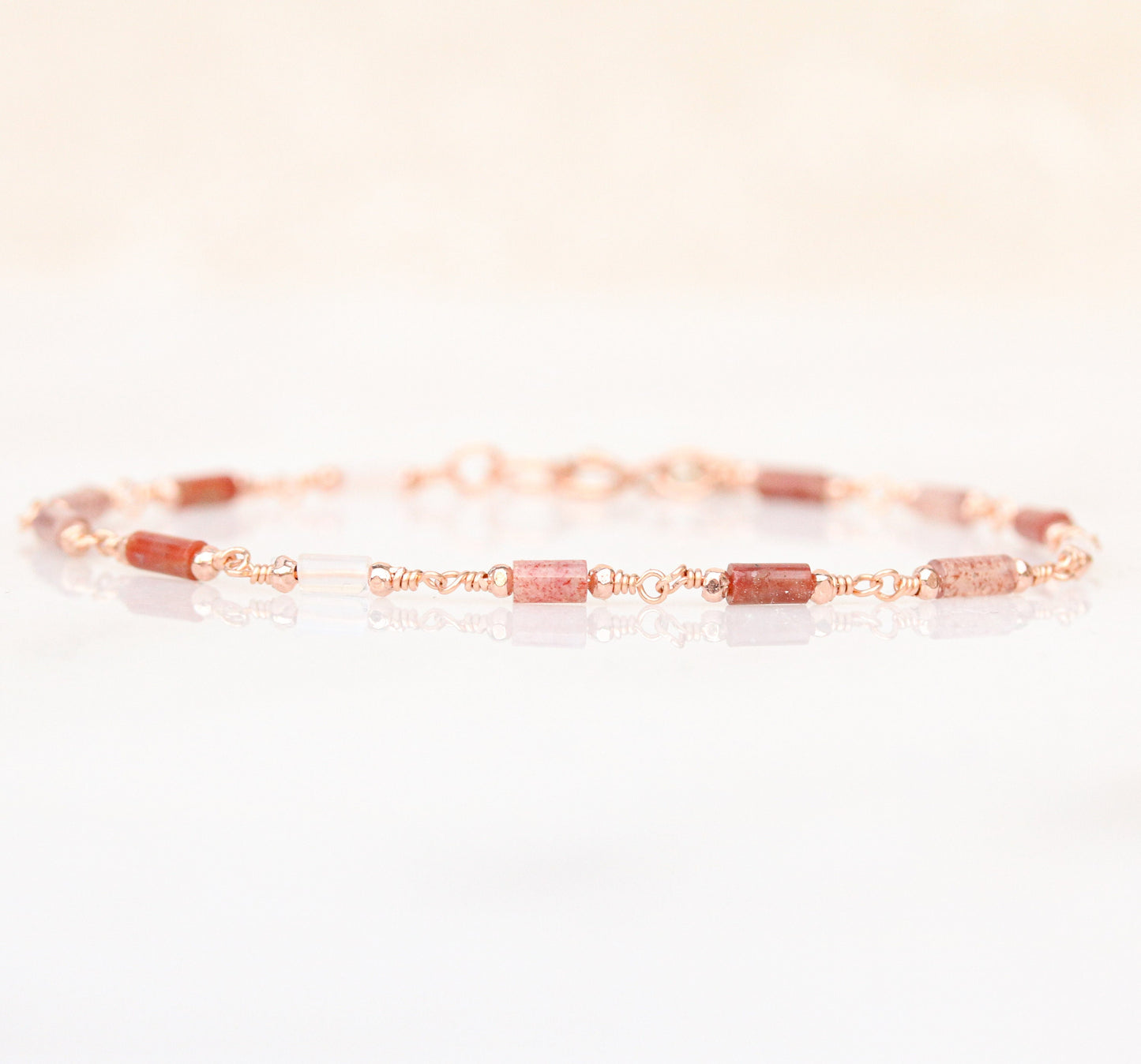 Pink Agate Rose Quartz Bracelet: Rose Gold Filled Chain