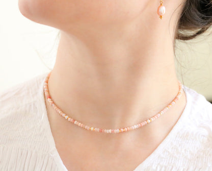 Faceted Pink Opal Necklace: Gold Karen Hill Tribe Beads, Adjustable Length