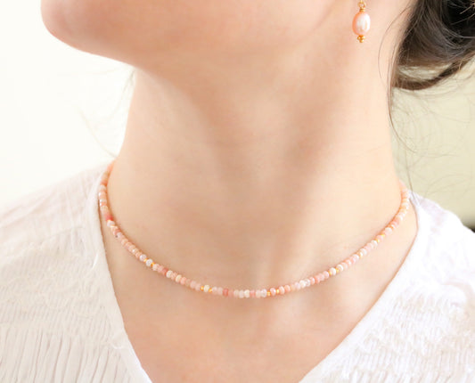 Faceted Pink Opal Necklace: Gold Karen Hill Tribe Beads, Adjustable Length
