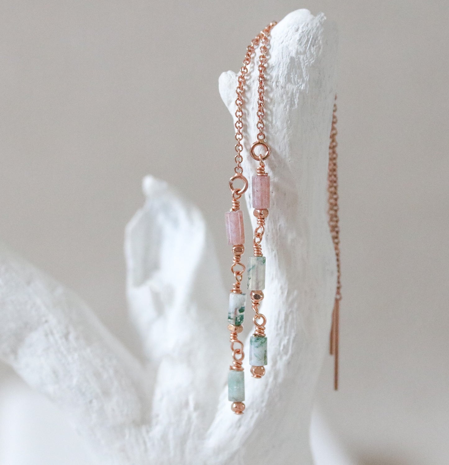 Handmade Pastel Indian Agate Threader Earrings: Rose Gold Fill
