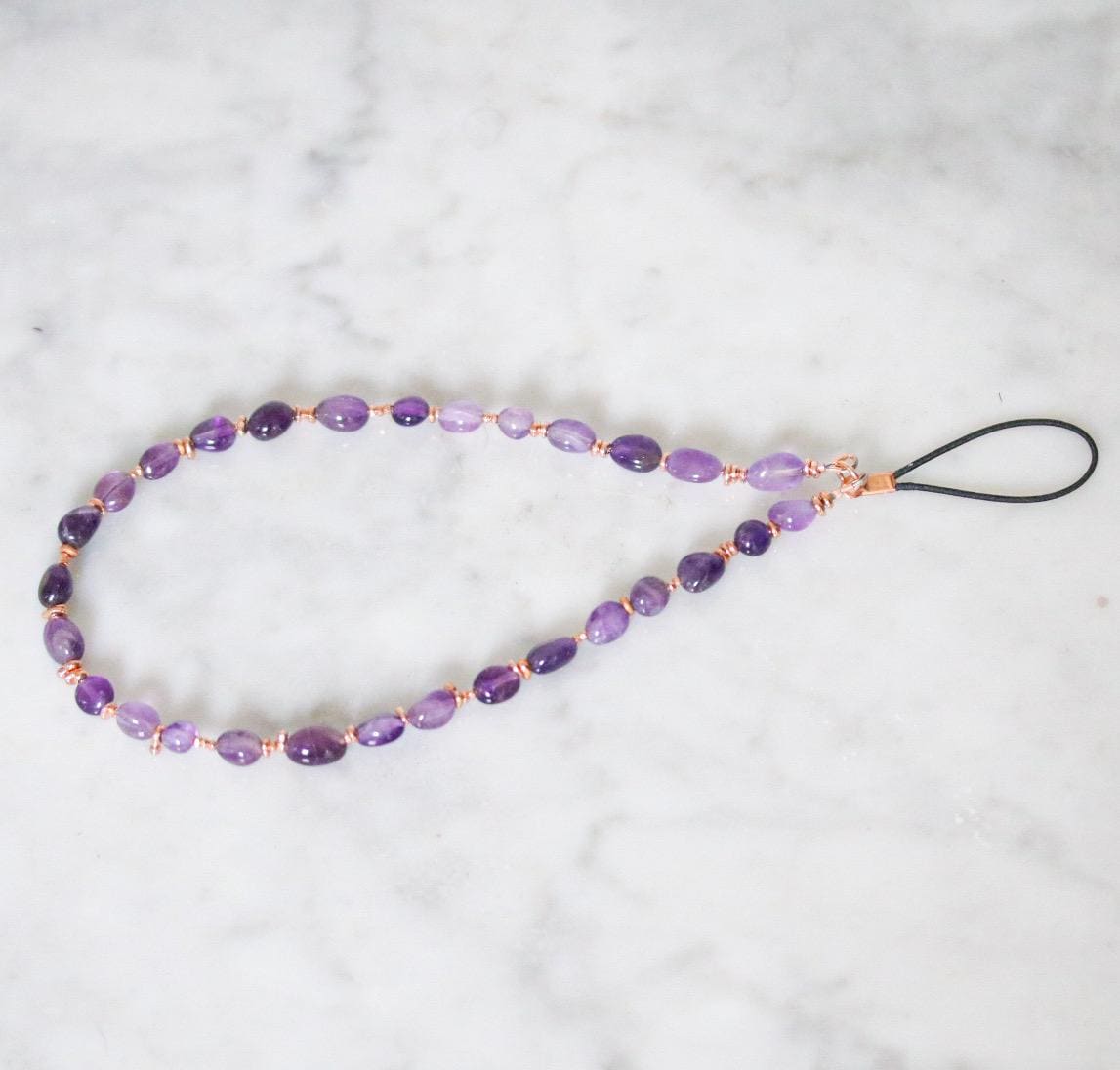 Handmade Amethyst Phone Charm: Beaded Gemstone Wristlet with Gold Vermeil