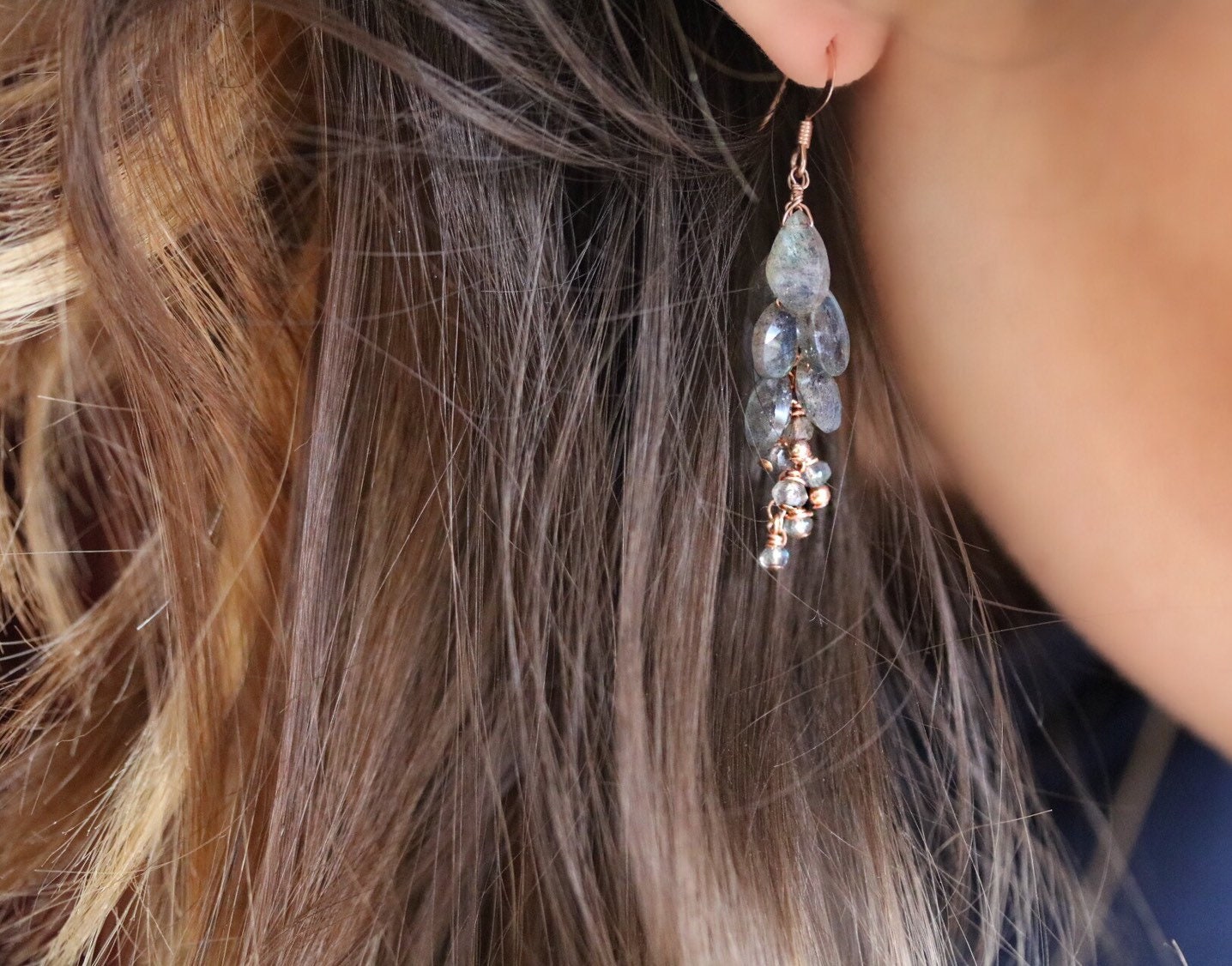 Handmade Rose Gold Labradorite Teardrop Cluster Earrings