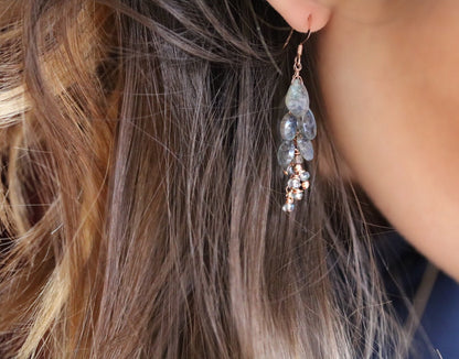 Handmade Rose Gold Labradorite Teardrop Cluster Earrings