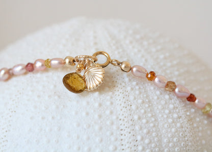 Handmade Pearl Anklet: Faceted Sapphire, Tourmaline, Gold Shell Charm