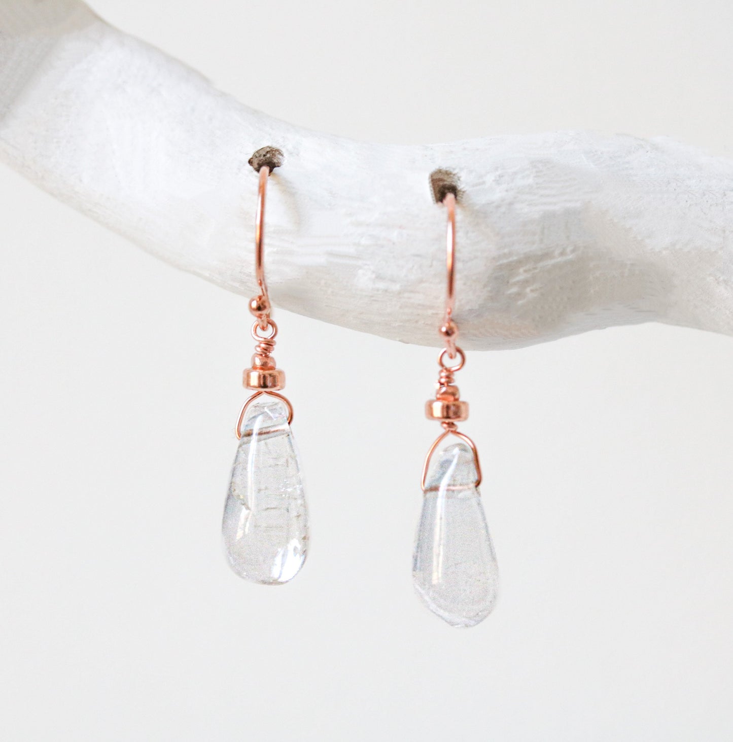 Clear Quartz Drop Earrings: Rose Gold, Karen Hill Tribe Beads, Handmade