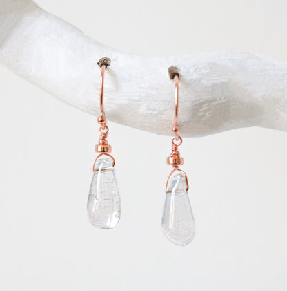 Clear Quartz Drop Earrings: Rose Gold, Karen Hill Tribe Beads, Handmade