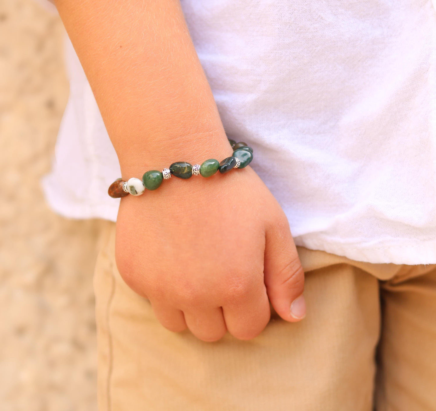 Kids Indian Agate Bracelet: Handmade Silver Accent Stretch Bracelet