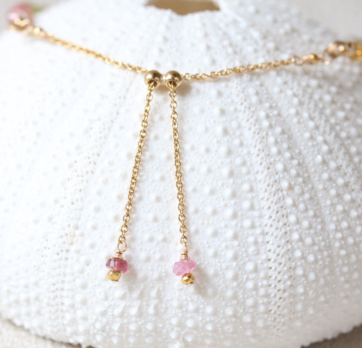 Faceted Tourmaline Bracelet: Gold Karen Hill Tribe Beads, Adjustable Chain