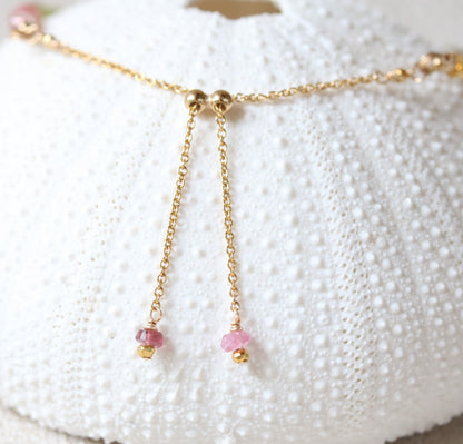 Faceted Tourmaline Bracelet: Gold Karen Hill Tribe Beads, Adjustable Chain