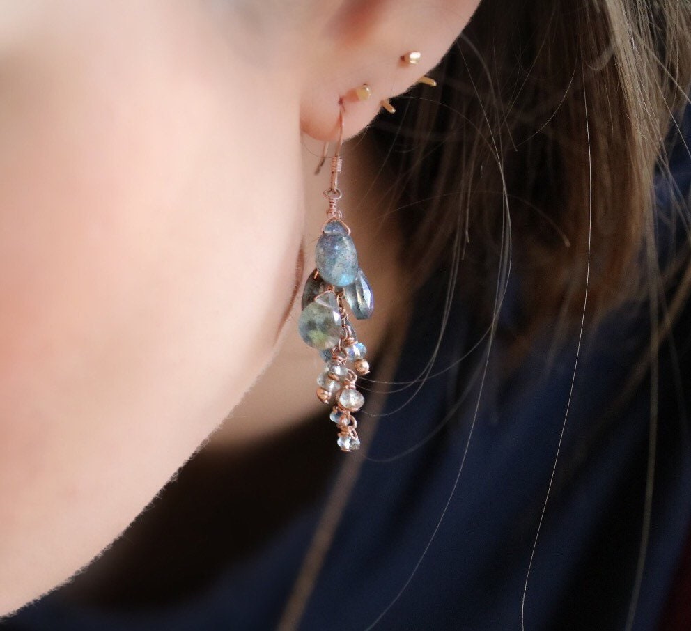 Handmade Rose Gold Labradorite Teardrop Cluster Earrings