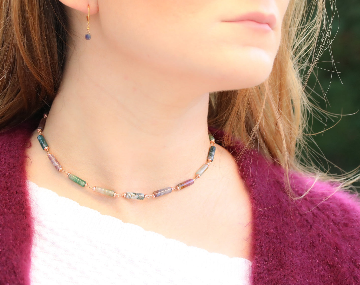 Pastel Indian Agate Rose Gold Choker Necklace, Handmade