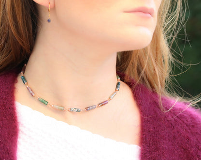 Pastel Indian Agate Rose Gold Choker Necklace, Handmade