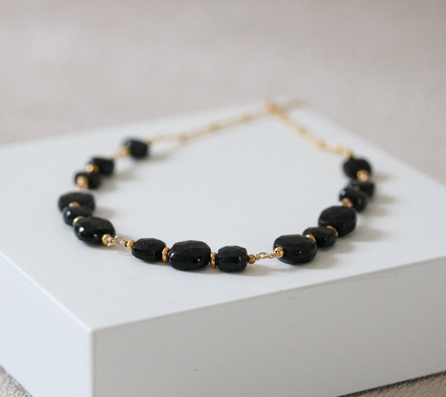 Handmade Black Onyx Gold Necklace: Faceted Cushion Cut Gemstone