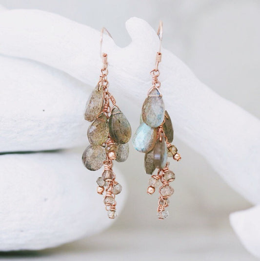 Handmade Rose Gold Labradorite Teardrop Cluster Earrings