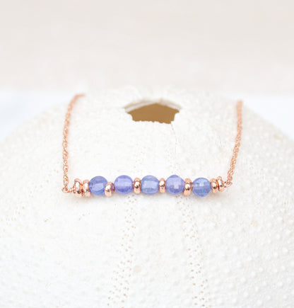 Tanzanite Coin Gemstone Bar Necklace: 14ct Rose Gold Fill