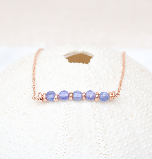 Tanzanite Coin Gemstone Bar Necklace: 14ct Rose Gold Fill