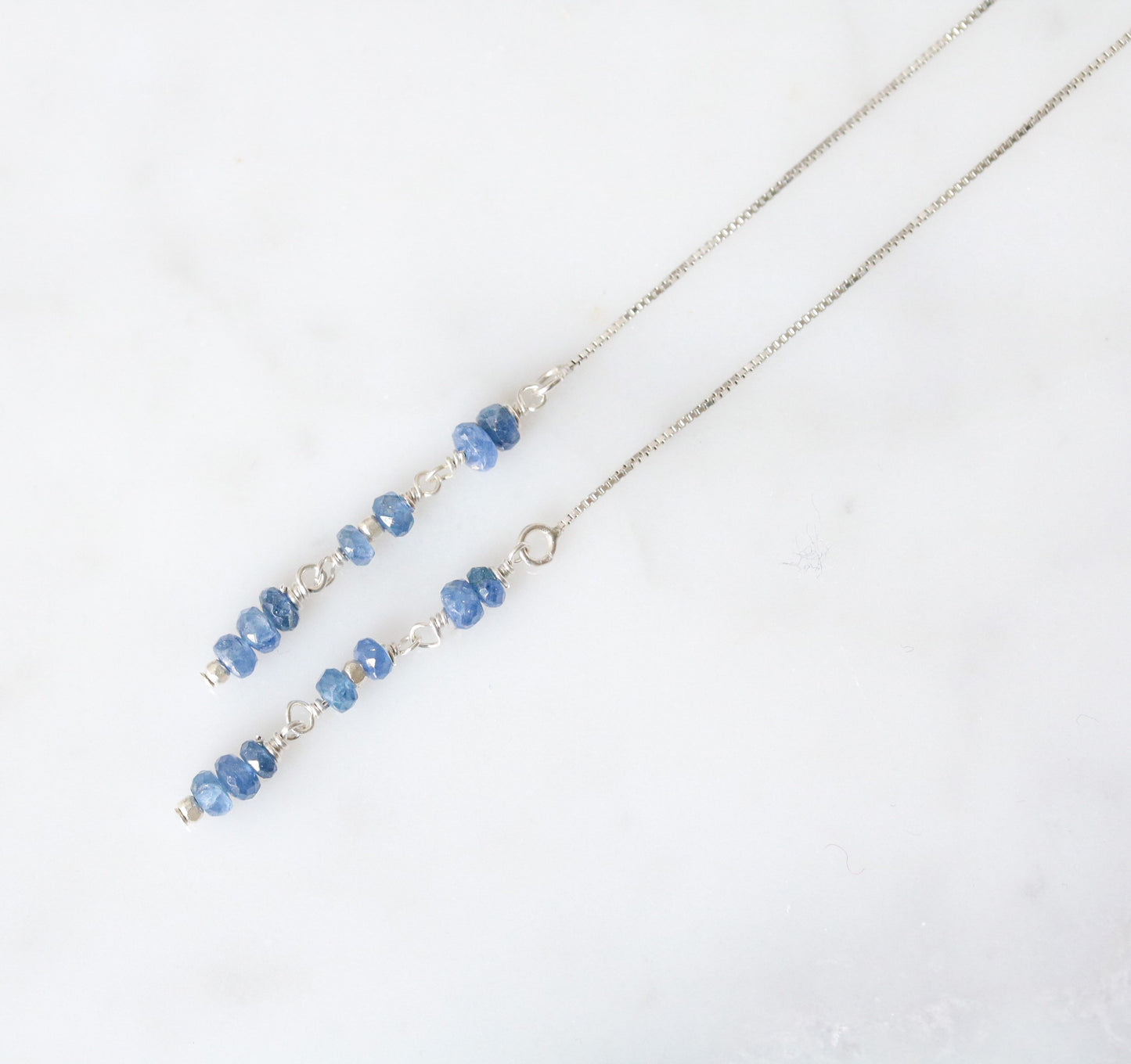Handmade Sapphire Threader Earrings: Sterling Silver September Birthstone Gift