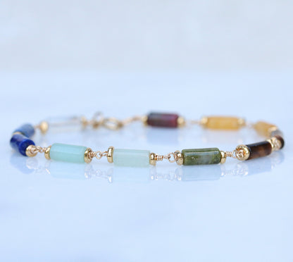 7 Chakra Gemstone Bracelet: Gold Fill Chain, Karen Hill Tribe Beads
