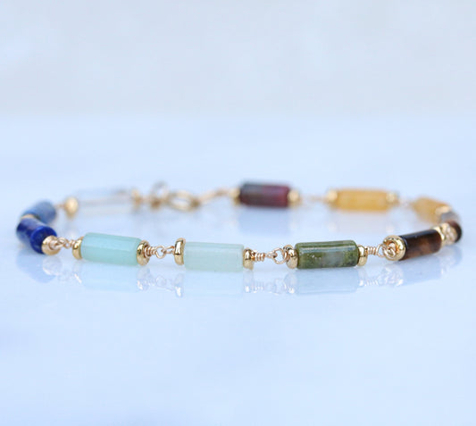 7 Chakra Gemstone Bracelet: Gold Fill Chain, Karen Hill Tribe Beads